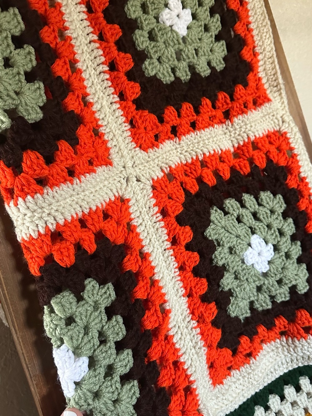 Handmade Crochet Throw Blanket in Orange, Green & Cream Chair Afghan